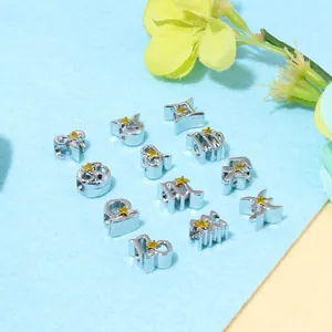Macro shot of twelve zodiac silver charms with gold star accents for DIY jewelry making