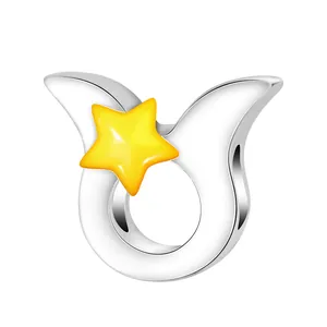 Silver Taurus zodiac charm bead with a yellow star for DIY bracelet or necklace
