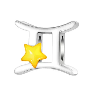 Silver Gemini zodiac charm bead with yellow star for DIY minimalist bracelets