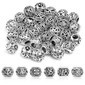 Vintage silver hollow alloy beads with diverse patterns for DIY bracelet jewelry making