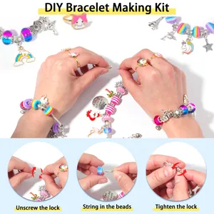 Kit de fabricación de pulseras DIY con cuentas coloridas, dijes de unicornio y guía paso a paso