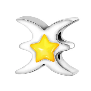 Silver bead charm with yellow star detail for DIY zodiac bracelet jewelry making