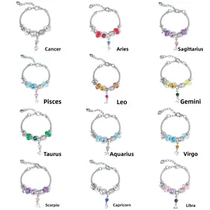 Fashion Twelve Constellation Zodiac Sign Charm Bracelet For Women Girls Silver Plated Zinc Alloy Snake Chain Colorful Glass Beads Rhinestone DIY Jewelry Gift