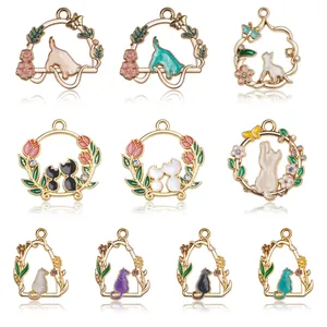 DIY Enamel Cat Wreath Pendants Alloy Flower Animal Charms For Necklace Bracelet Earring Handmade Jewelry Making Accessories