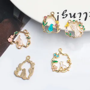 Cat wreath pendants with colorful enamel flowers and gold alloy for DIY jewelry making