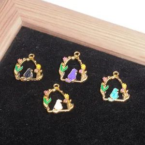 Cat wreath flower charm set in black white purple blue for DIY jewelry making