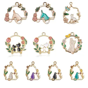 Set of ten colorful cat and flower enamel pendants for DIY jewelry making
