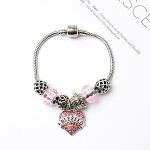 Bracelet à breloques cœur rose avec chaîne serpent argentée et pendentif gravé Blessed
