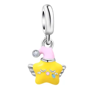 Star-shaped enamel charm with sleeping face and wings for DIY beaded bracelets