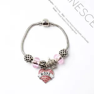 Bracelet cœur rose avec perles couronne et gravure Hope sur chaîne serpent argent