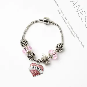 Bracelet à breloques cœur rose avec lettrage MIMI et pendentif couronne argenté