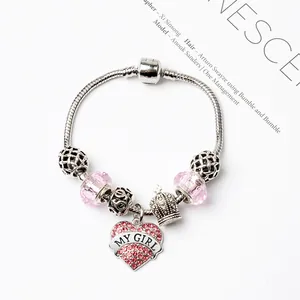 Bracelet chaîne serpent en argent avec pendentif cœur rose et breloque couronne
