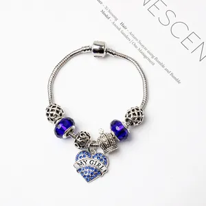 Bracelet ciel étoilé bleu avec chaîne serpent argentée et pendentif cœur gravé My Girl