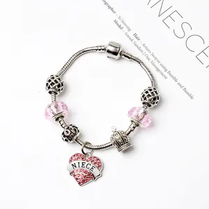 Bracelet maille serpent argenté avec perles roses en cristal et pendentif cœur Niece