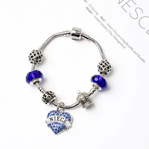 Bracelet chaîne serpent argentée avec perles bleues et pendentif cœur Niece