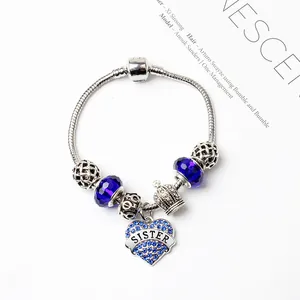Bracelet charms cœur bleu Sister avec chaîne serpent argentée et pendentif couronne