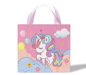 Pink unicorn gift bag with rainbow mane and satin ribbon handles for jewelry packaging
