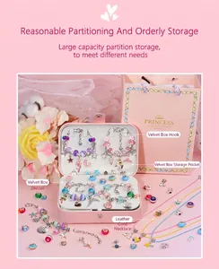 Close-up of pink jewelry box set with charms, bracelets, and Princess gift bag