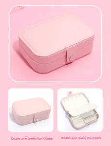 Pink faux leather double-layer jewelry organizer box with snap button and rings slots