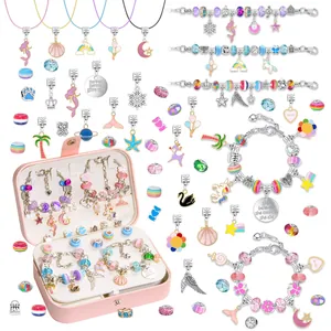 DIY Jewelry Making For Girls Colorful Beads Alloy Charms Pendants Snake Chain Bracelets Necklace Cords PU Leather Box