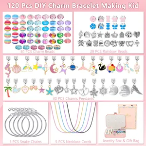 Complete 120-piece DIY charm bracelet making kit with beads, pendants and a pink jewelry box