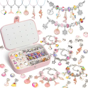 134pcs DIY jewelry making kit with pink storage box, charms, beads and silver bracelets