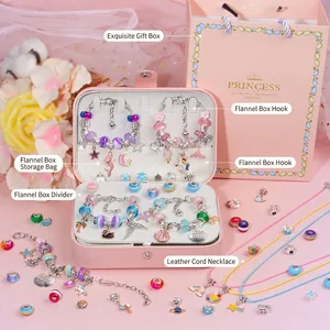 120pcs DIY charm bracelet kit with pink leather jewelry box and unicorn pendants