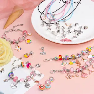 134pcs DIY jewelry making kit with pink unicorn charms and colorful glass beads