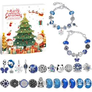 Detailliertes Weihnachts DIY Armband Set mit blauen Perlen und Schneemann Anhängern in Box