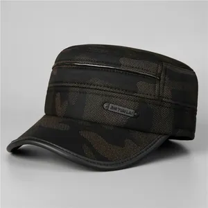 Men's Winter Camouflage Cadet Cap With Earmuffs Warm Fleece Lined Flat Top Hat Adjustable Cotton Blend Outdoor Hat