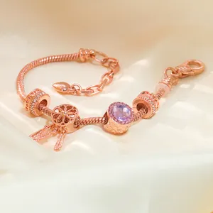 Pulsera de Charms Atrapasueños para Mujer Bañada en Oro Rosa Plata Cadena de Serpiente Zirconia Púrpura Corazón Pluma Joyería