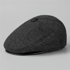 Deep grey herringbone flat cap for elderly men with warm wool fabric and leather trim