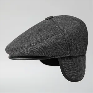 Men Vintage Herringbone Woolen Flat Cap With Ear Flaps Warm Winter Newsboy Hat For Middle Aged Elderly Grandpa Dad