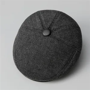 Winter men herringbone wool newsboy cap in dark grey with warm fleece lining