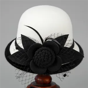 Vintage Elegant Woolen Cloche Hat For Women Floral Mesh Veil Feather Fascinator Pillbox Hat Church Party Dress Hat