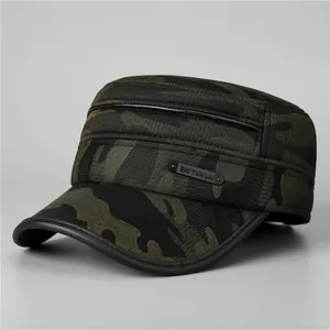 Detail of winter camouflage flat top army cap with plush lining and leather brim edging