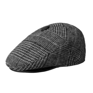 Classic grey plaid flat cap for men featuring warm thick fabric and vintage style