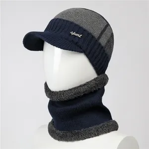 Men Winter Cotton Polyester Knitted Hat And Neck Warmer Set Warm Velvet Lined Beanie For Elderly Father Outdoor Windproof Ear Protection
