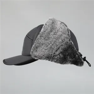 Winter thermal trapper hat in dark grey with faux fur earflaps and adjustable drawstring