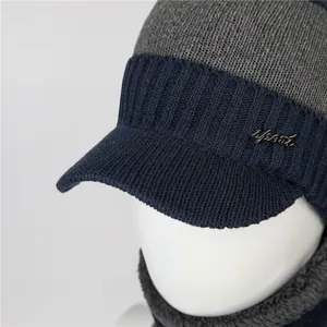 Detail view of navy blue knit hat and neck warmer set with warm fleece lining