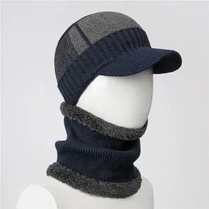 Men's winter knit beanie with visor and neck gaiter set with warm fleece lining