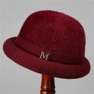 Elegant burgundy knit cashmere bucket hat for elderly women with rhinestone M detail