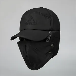 Men's winter black thermal trapper hat with ear flaps and detachable face mask