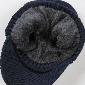 Men winter knit hat with warm fleece lining and brim design in navy blue color