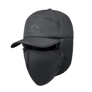 Men's winter trapper hat in dark grey with thick fleece lining and detachable face mask