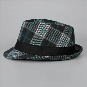Cappello fedora classico a quadri grigi e verdi con nastro nero per uomo e donna