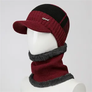 Detailed close-up of winter knit hat and neck warmer with thick fleece lining and sport logo