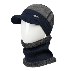 Men's winter knit beanie hat and scarf set with warm fleece lining and brim