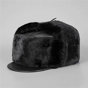 Classic black faux fur Lei Feng hat for men featuring warm plush earflaps and leather brim