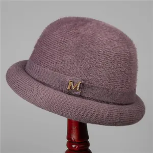 Women Winter Knit Bucket Hat Warm Rabbit Hair Blend Fleece Lined Cloche Hat With Rhinestone M Letter Decor For Mom Jewelry